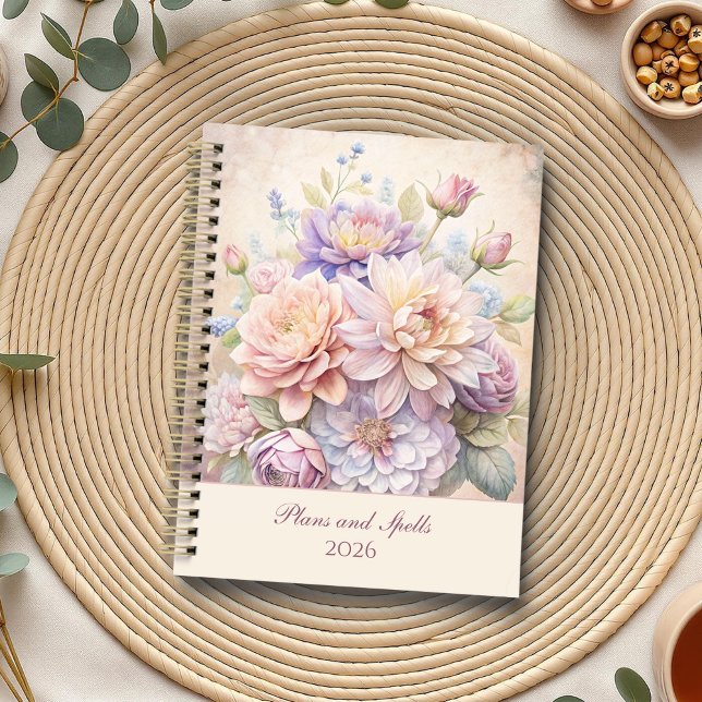 Agenda Vintage Elegant Pastel Wildflower (Vintage Elegant Pastel Wildflowers Planner on a boho table with botanicals and a cup of tea.)