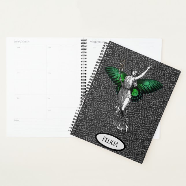 Agenda Vintage Green Wing Fairy Art Deco Personalizado (Exibição)