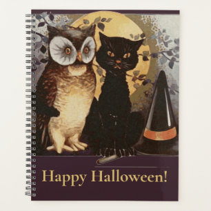 Agenda Vintage Halloween Black Cat & Owl Witl Hat Moon