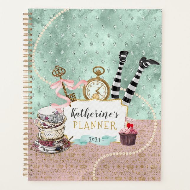 Agenda Vintage Pink e Turquoise Wonderland Foto Espiral (Frente)
