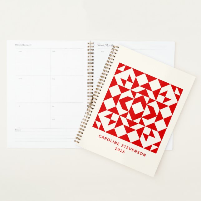 Agenda Vintage Red Christmas Geométrico Quilt Personaliza (Exibição)