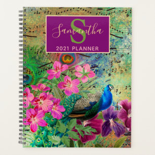 Agenda Vintage Verde, rosa e floral dourado Pavão