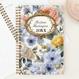 Agenda Vintage Watercolor Blossoms com Quadro de Ouro