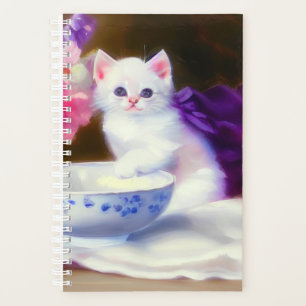Agenda Vintage White Kitten com Fita Roxa