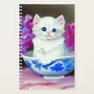 Agenda Vintage White Kitten com Flores Rosa