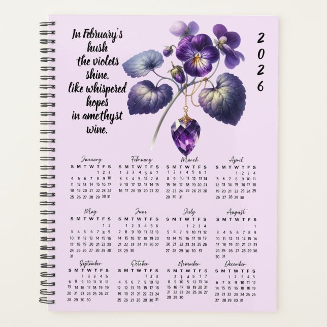 Agenda Violet & Amethyst Verso de Fevereiro – 2026 Ano Co (Frente)