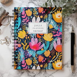 Agenda Vívida Mão Pintada Floral Turquesa Monograma 2025