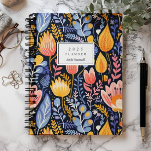 Agenda Vívido Monograma Azul Pintado à Mão Floral 2025