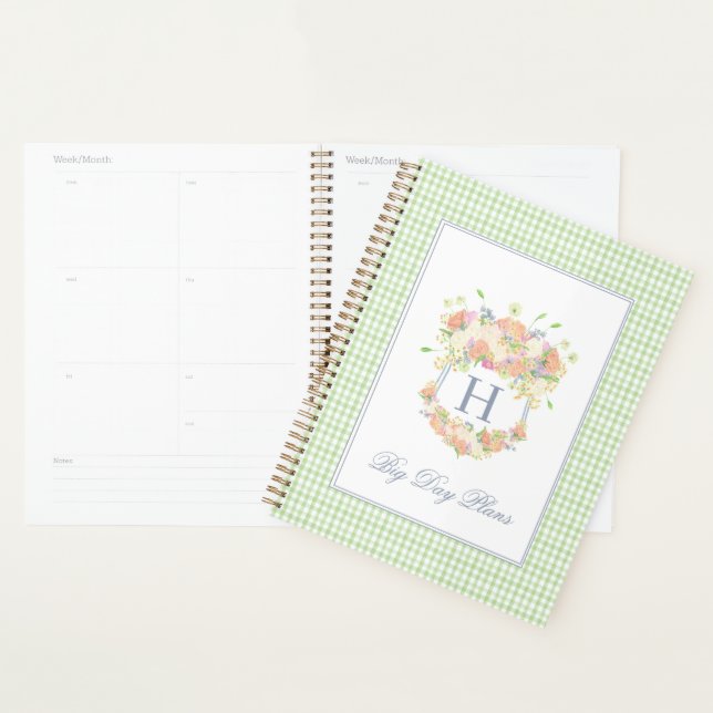 Agenda Watercolor Floral Garden Party Crest Green Gingham (Exibição)