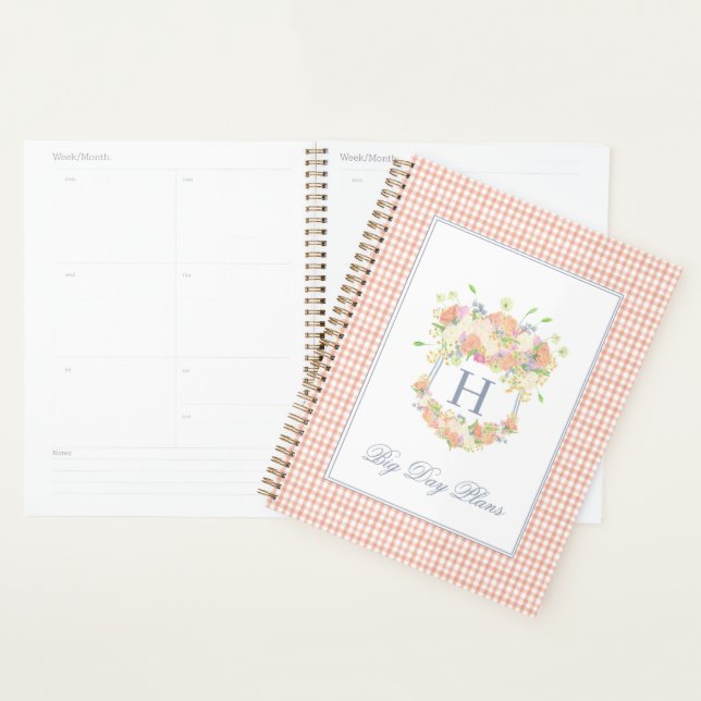 Agenda Watercolor Floral Garden Party Crest Peach Gingham (Exibição)