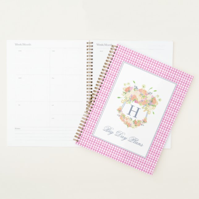 Agenda Watercolor Floral Garden Party Crest Pink Gingham (Exibição)