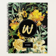 Watercolor Flores selvagens Monograma Amarelo Negr