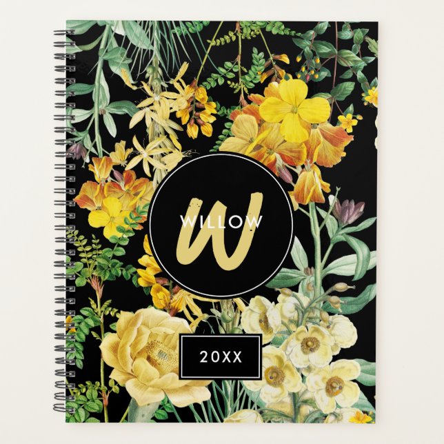 Agenda Watercolor Flores selvagens Monograma Amarelo Negr (Frente)