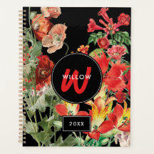 Watercolor Flores selvagens Monograma Vermelho Neg