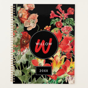 Agenda Watercolor Flores selvagens Monograma Vermelho Neg