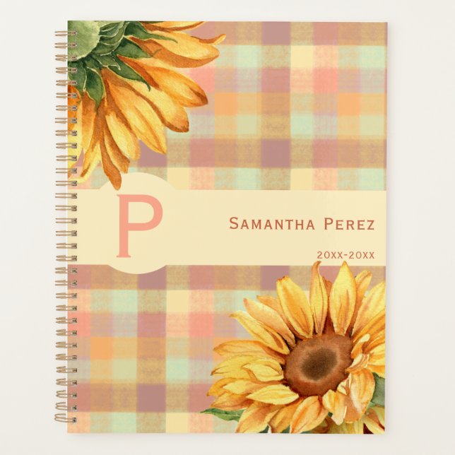 Agenda Watercolor Sunflower e Gingham Xadrez Art (Frente)