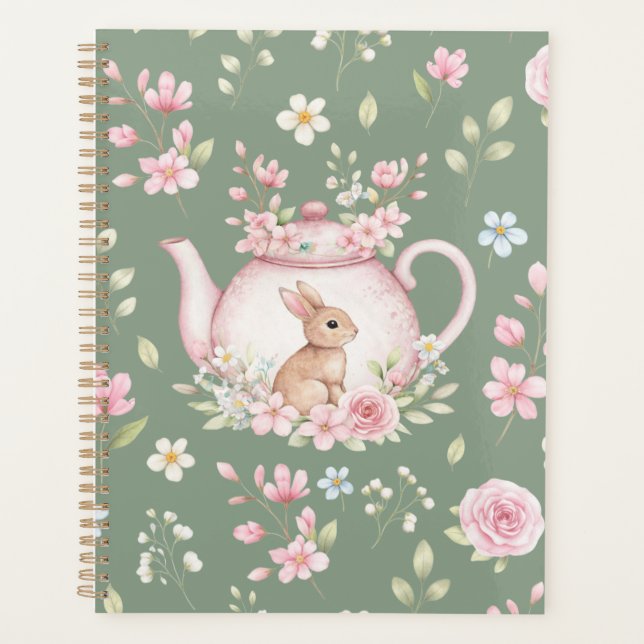 Agenda Whimsical Bunny Teapot Floral Spring Notebook (Frente)