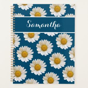 Agenda White Daisies em Azul com Nome Personalizado
