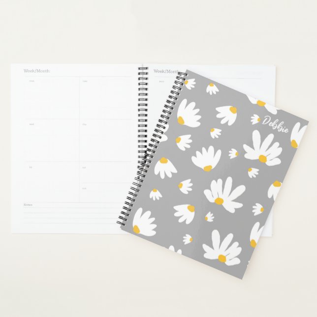 Agenda White Daisy Themed Undate Monthly Planner Book (Exibição)