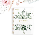 Agenda Wild Greenery | Branco Elegante<br><div class="desc">Este planejador botânico na moda de 2023 apresenta um quadro de folhas verdes em aquarela abundantes sobre um simples fundo branco com textos elegantes e tenazes e sotaques dourados.</div>