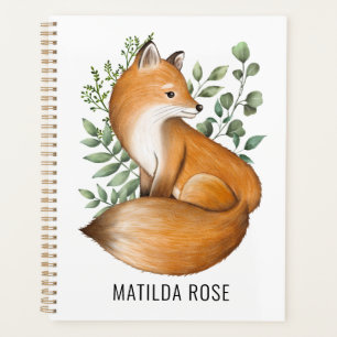 Agenda Woodland Fox Watercolor Monograma Botânico Folhet