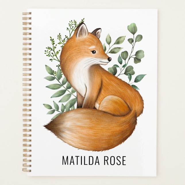 Agenda Woodland Fox Watercolor Monograma Botânico Folheto (Frente)