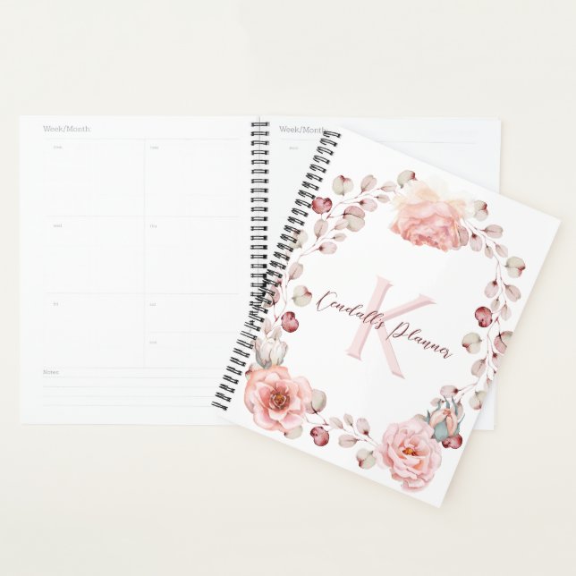 Agenda Wreath Rosa de Aquarela Personalizada | Branca (Exibição)
