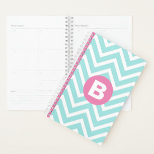 Agenda Xadrez Azul Claro Moderno Monograma Rosa