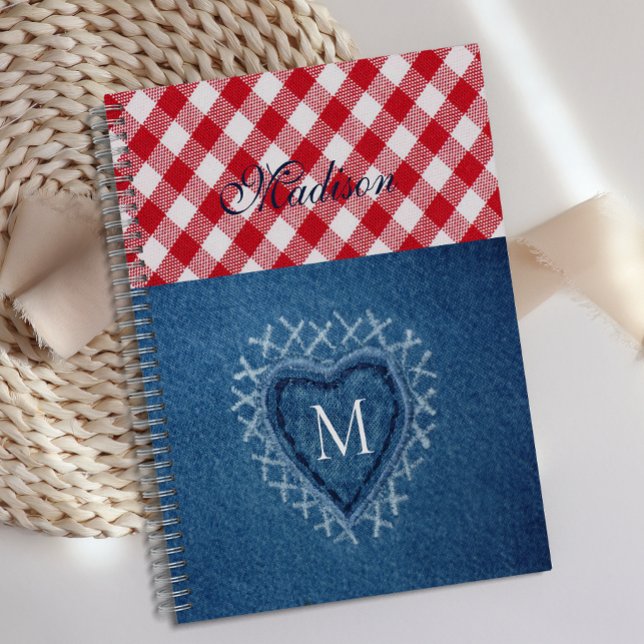 Agenda Xadrez Búfalo Plaid Vermelho Coração de Jeans Mono (Criador carregado)