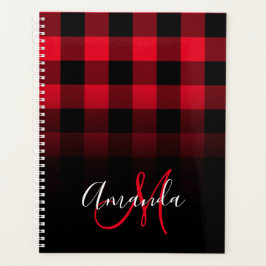 Agenda Xadrez de Búfalo Vermelho e Preto Ombre Monograma