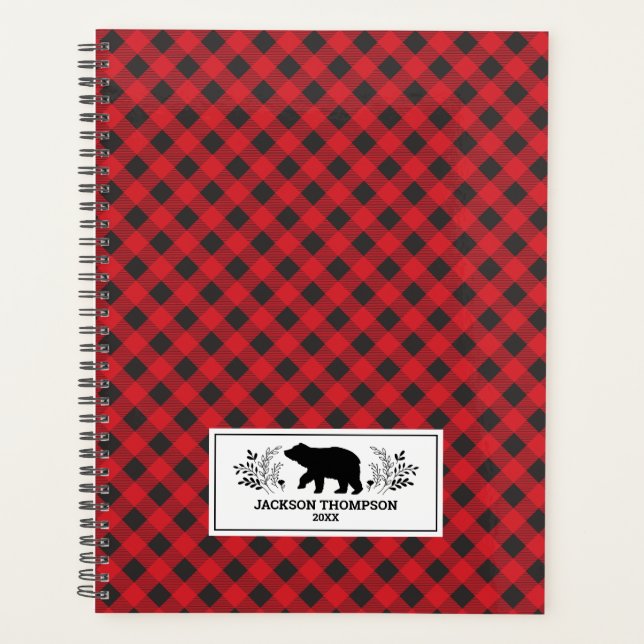 Agenda Xadrez de Buffalo Preto Vermelho Personalizado (Frente)