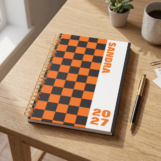 Agenda Xadrez Retro Laranja Preto Nome Personalizado Ano