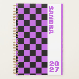 Agenda Xadrez Retro Preto Roxo Nome Personalizado Ano