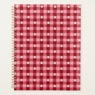 Agenda Xadrez Vermelho Rosa com Padrão Floral de Margarid