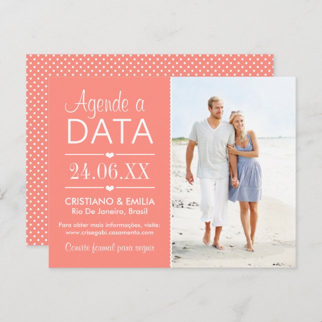 Agende a Data Foto Cartão  | Cores Rosa e Branco (Frente/Verso)
