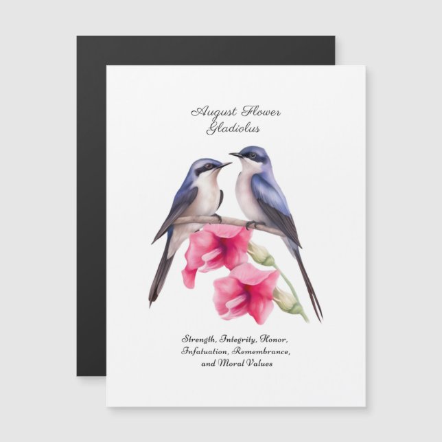 Agosto Mês de Nascimento Flor Gladiolus com Aves (Frente/Verso)