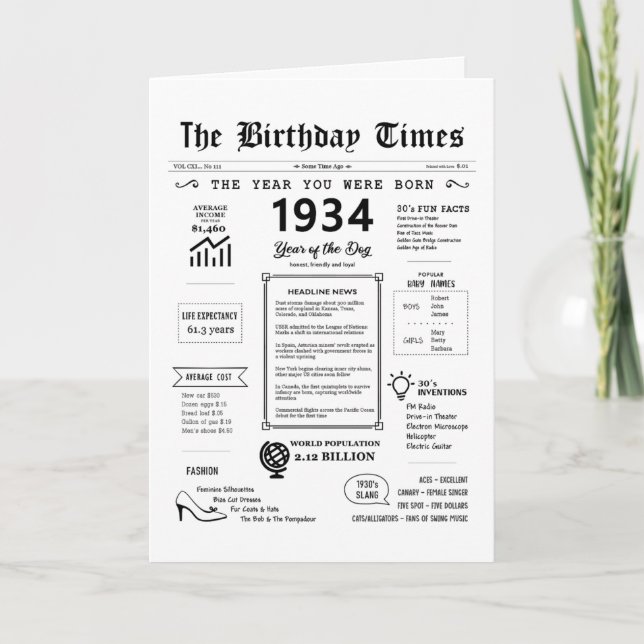 Agradecimento 1934 O Ano Em Que Era Nascer Cartão De Aniversário (Frente)