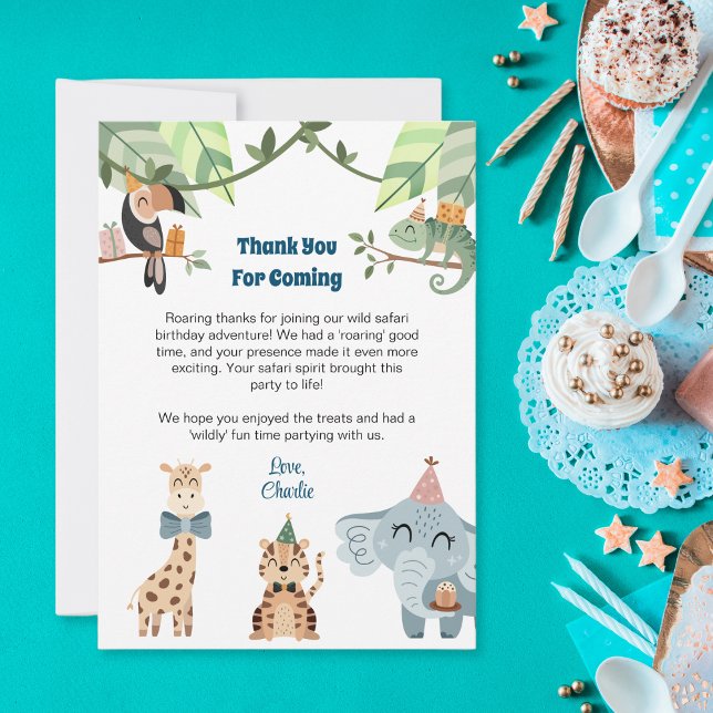 Agradecimento Animal de festa Safari, cartão de Obrigado por Vir (Criador carregado)