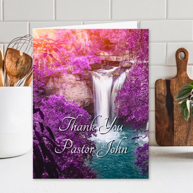 Agradecimento ao Pastor do Nascer do Sol com Cacho (Purple Waterfall Sunrise Pastor Appreciation Thank You Card)
