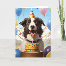 Borda Collie com Cartão de Aniversário de Bolo de 