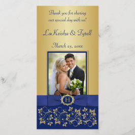 Agradecimento Cartão com fotos de Casamento Floral Dourado, Azul