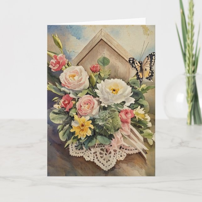 Agradecimento Cartão de Aniversário de buquê e Borboleta (Frente)
