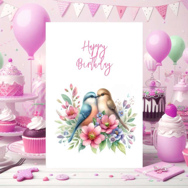 Agradecimento Cartão de Aniversário Pássaros do Amor na Primaver (Birthday card)