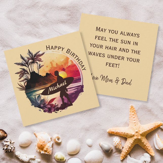 Agradecimento Cartão de aniversário Retro Surfer Sunset Beach (Criador carregado)