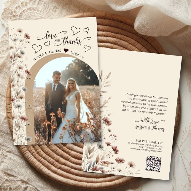 Agradecimento Cartão de Casamento com Código QR de Foto Boho Wil (Front/Back)
