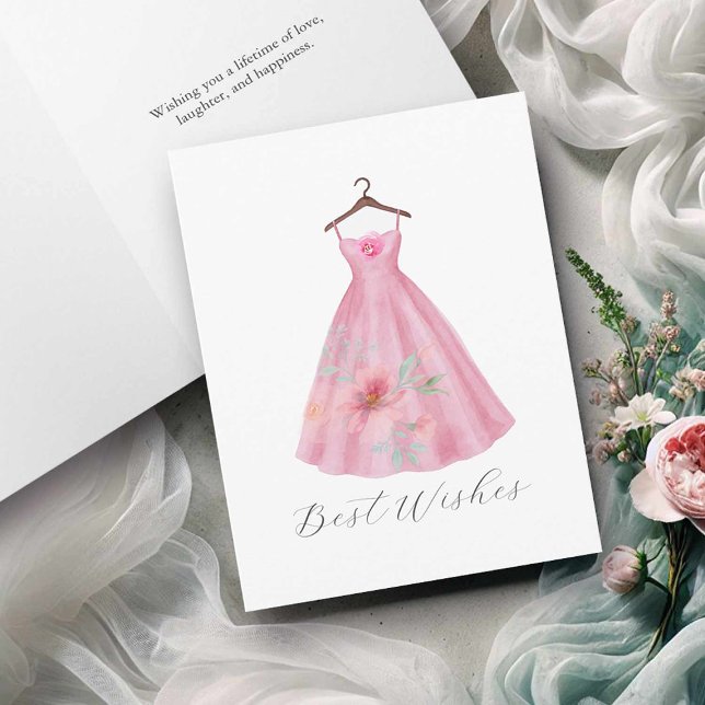Agradecimento Cartão de Chuva de Presentes de Noiva com Vestido  (Bridal shower cards watercolor pink floral dress by Victoria Grigaliunas of Do Tell A Belle)