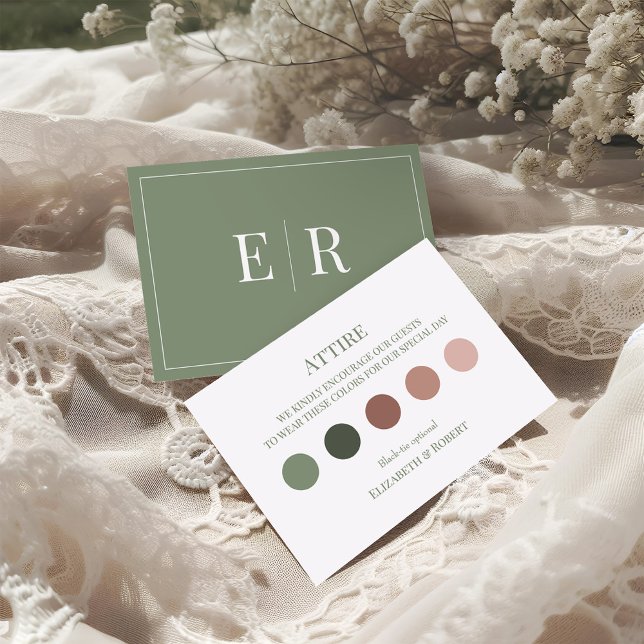 Agradecimento Cartão de Código de Vestido de Roupa de Oliva Verd (Olive Green Wedding Attire Guest Dress Code Card on a boho wedding table.)