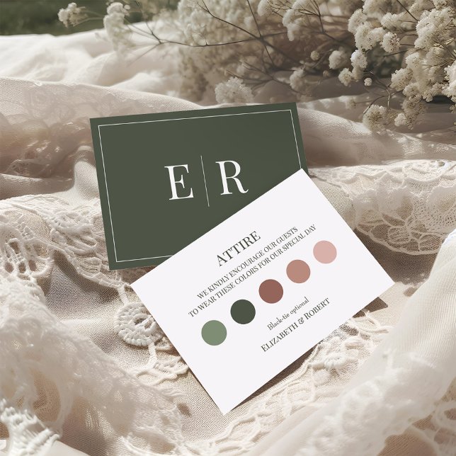 Agradecimento Cartão de Código de Vestido de Roupa de Oliva Verd (Olive Green Wedding Attire Guest Dress Code Card on a boho wedding table.)