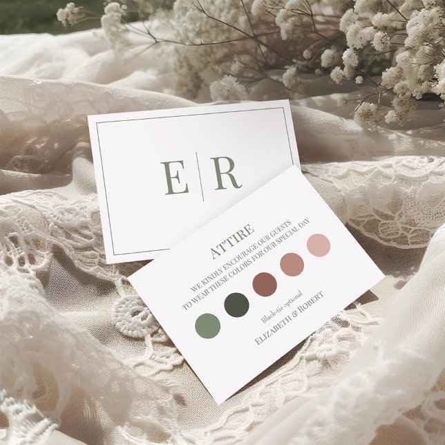 Agradecimento Cartão de Código de Vestimenta para Convidados de  (Olive Green Wedding Attire Guest Dress Code Card on a boho wedding table.)