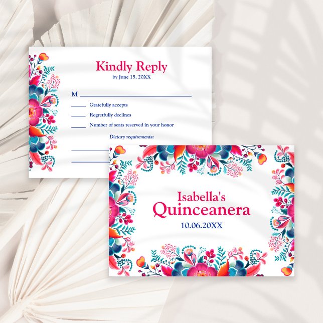 Agradecimento Cartão de Confirmação de Presença para Festa de Qu (Floral Quinceanera Fiesta Mexicana RSVP Card on a white sunny dry palm leaf.)